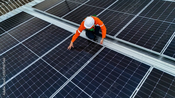 Fototapeta Solar power technician inspecting rooftop solar panels, performing maintenance and installation of renewable energy systems for a sustainable future.