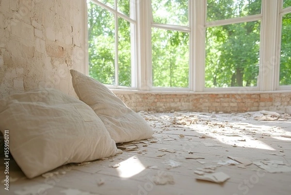 Fototapeta Renovation project indoor with cushions, peeling paint and sunlight through window