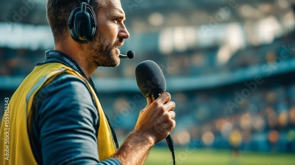 Fototapeta Male sports journalist reporting from stadium during live event, microphone in hand, focused on the action ahead