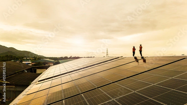 Fototapeta technician installs a large photovoltaic system on an industrial rooftop. ESG investment, and the future of sustainable technology powered by AI energy management and next generation solar cells.