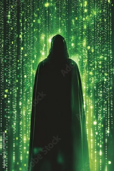 Fototapeta Mysterious cloaked figure shrouded in darkness before luminous green data stream
