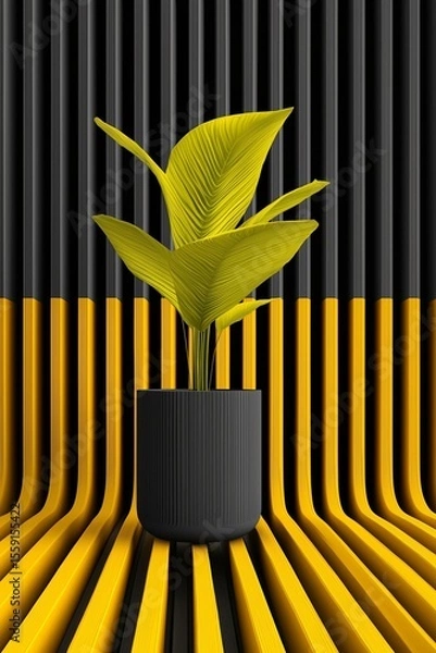 Fototapeta Stylized yellow tropical plant in black ribbed pot on surreal black and yellow striped 3D background, minimal and bold