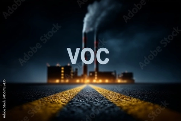 Fototapeta Industrial factory chimney at night emitting VOCs volatile organic compounds into the air, with visible smoke and flare glow under dark atmospheric lighting