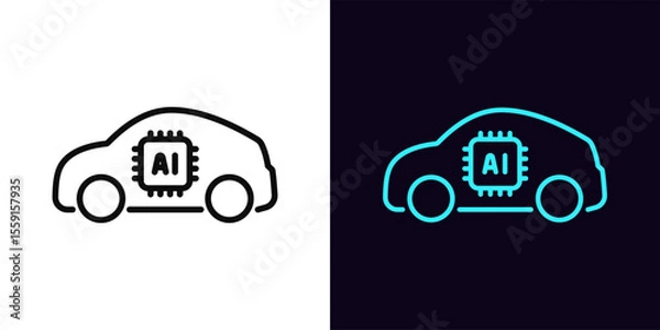 Obraz Outline AI car icon, with editable stroke. Electric SUV car with AI algorithms, artificial intelligence driving control system. Smart auto with autopilot system, automatic vehicle, robotaxi. Vector