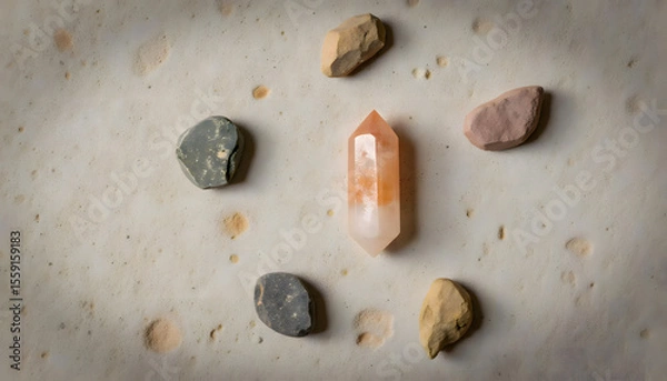 Fototapeta Crystal arrangement featuring a central orange quartz surrounded by various natural stones on a textured surface, creating a harmonious and calming atmosphere for wellness and meditation