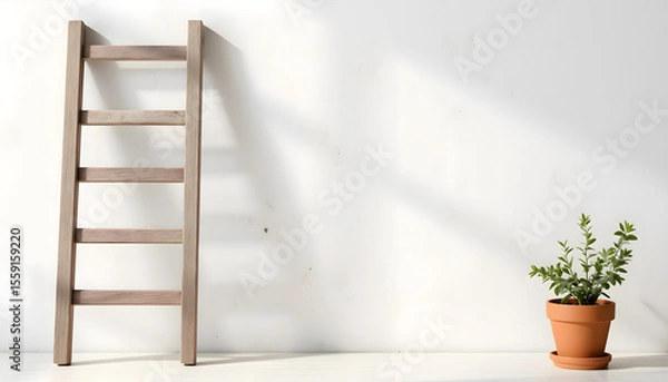 Fototapeta Wooden ladder leaning against a bright wall, casting soft shadows, with a potted plant on a clean surface, creating a serene and minimalistic interior design atmosphere