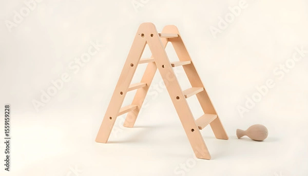 Fototapeta Wooden ladder with a minimalist design, featuring smooth surfaces and rounded edges, placed against a soft background, creating a serene and inviting atmosphere for home decor