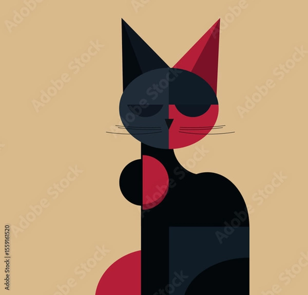 Obraz Minimalist geometric illustration of a black and red cat with abstract shapes on a beige background. Perfect for modern design, prints, and editorial use