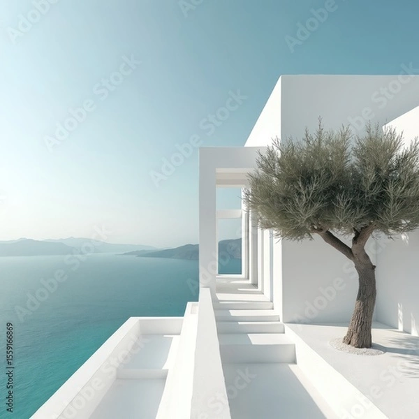 Obraz Minimalist coastal retreat with white building, olive tree. Modern architecture overlooks ocean, blue sky. Serene exterior design, vacation getaway resort, relaxing holiday destination in Greece.