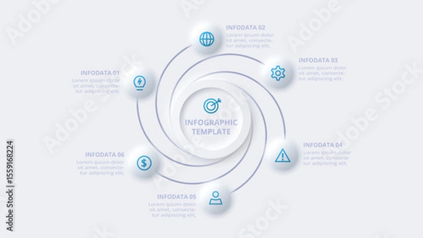 Obraz Neumorphic flow chart infographic. Creative concept for infographic with 6 steps, options, parts or processes.