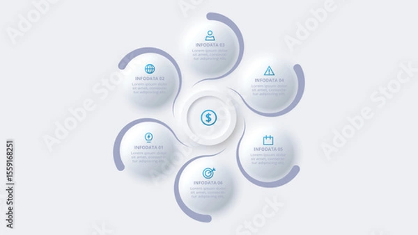 Obraz Neumorphic flow chart infographic. Creative concept for infographic with 6 steps, options, parts or processes.