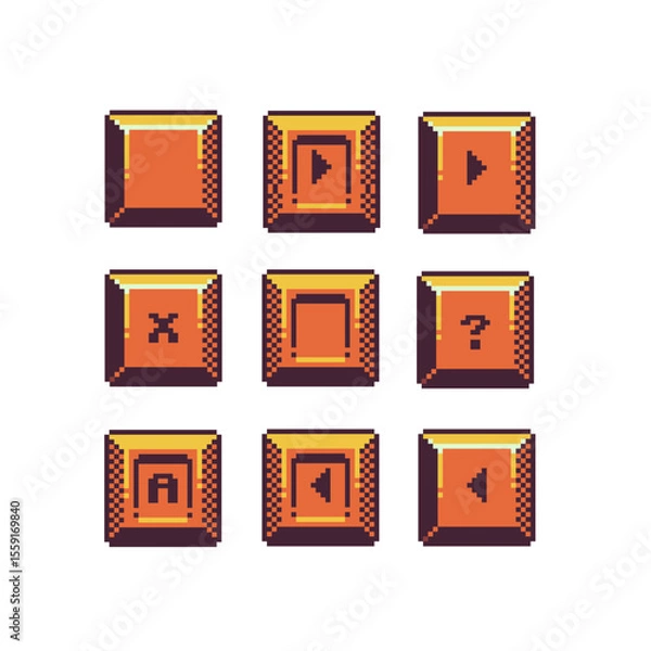 Fototapeta Pixel art square UI buttons retro 8-bit control icons set interface buttons in bright orange-red tones, each with different control icons such as play, stop, cancel, back, and help. 
