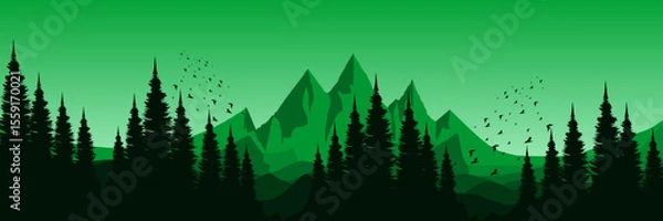 Fototapeta dawn green landscape mountain scenery vector illustration good for wallpaper design, design template, background template, and tourism design template.