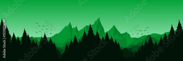 Fototapeta dawn green landscape mountain scenery vector illustration good for wallpaper design, design template, background template, and tourism design template.