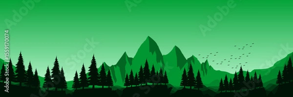 Fototapeta dawn green landscape mountain scenery vector illustration good for wallpaper design, design template, background template, and tourism design template.