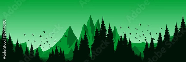 Fototapeta dawn green landscape mountain scenery vector illustration good for wallpaper design, design template, background template, and tourism design template.