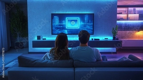Obraz A cozy evening at home with a couple enjoying a film on a large screen, illuminated by soft blue lights, creating a romantic and modern atmosphere that invites relaxation.