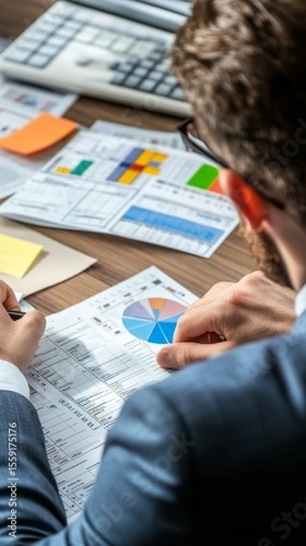 Obraz Financial analyst reviewing complex business performance charts and graphs with detailed pie and bar data visualizations at modern workplace