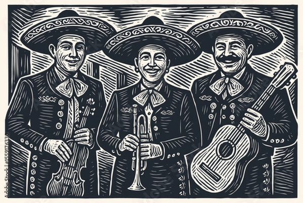 Fototapeta A mariachi band of three musicians with a guitar, violin, and trumpet. Vector illustration in a vintage woodcut or linocut print style for a Mexican theme.