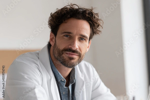 Fototapeta psychiatrist in serene office positioned on left side of frame with calm expression