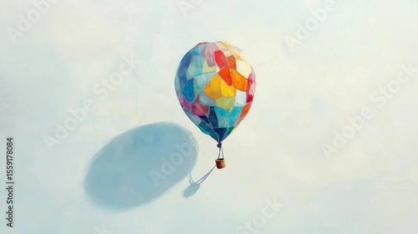 Fototapeta Illustrated colorful hot air balloon stitched from patchwork fabric rising into a clean sky, casting a rainbow-shaped shadow below, symbolizing emotional resilience, diversity, and imaginative flight
