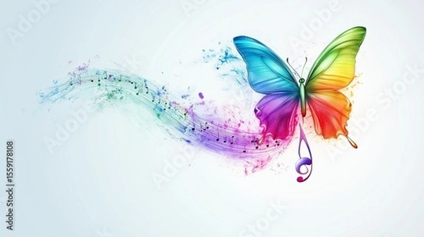 Fototapeta Creative illustration of a rainbow-colored musical note turning into a butterfly mid-air, set against a clean pale blue background, symbolizing freedom, creativity, and emotional transformation 