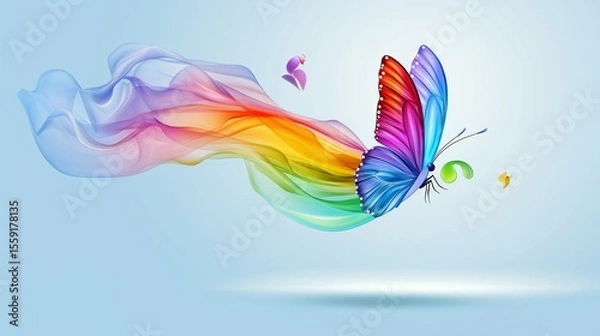 Fototapeta Surreal illustration of a rainbow-colored musical note transforming into a flying butterfly against a soft blue background, symbolizing emotional freedom, creative harmony, and sound’s healing express
