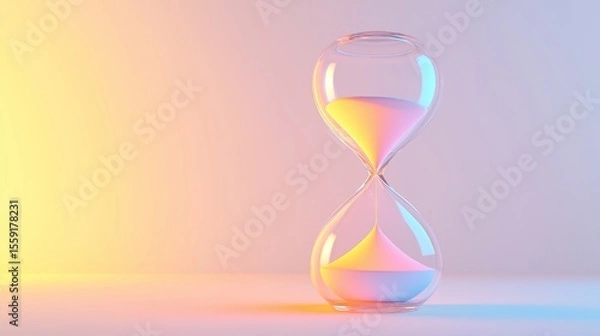 Fototapeta Minimalist illustration of a floating hourglass with glowing multicolor pastel sand forming fluid waves, placed on a clean off-white background, symbolizing emotional patience, healing, and time’s 