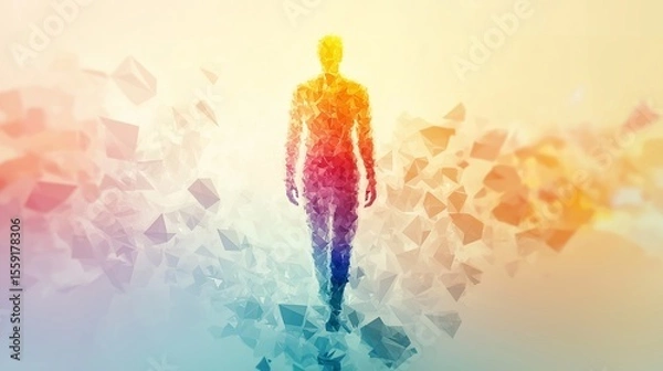 Fototapeta Close-up illustrated silhouette of a human figure made from multicolored crystal facets, softly glowing in a clean light background, symbolizing inner strength, mental clarity, and emotional 