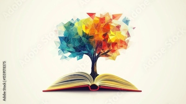 Fototapeta Creative illustration of an open book with a tree made of multicolored geometric leaves growing from it, placed on a clean flat background, symbolizing knowledge, imagination, and structured emotional