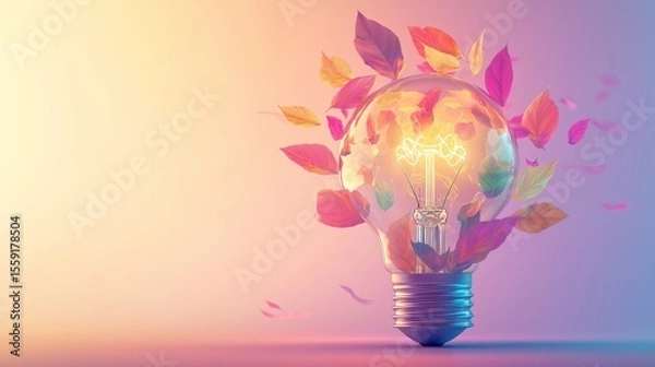 Fototapeta Illustration of a glowing lightbulb with multicolored leaves sprouting from it, floating in a soft pastel background, symbolizing the growth of ideas, emotional wellness, and creative mental energy