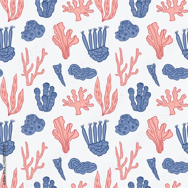 Obraz Seashells seamless pattern vector illustration nautical motif. Repeating background with conches, fish, sea plants for template, textile, print, card, poster. Texture for beach, sea, seafood, summer