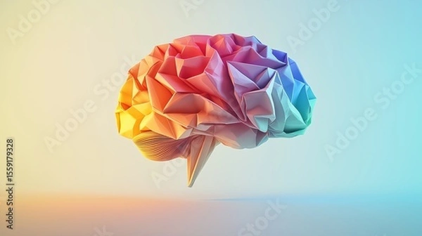 Fototapeta Illustrated multicolored origami brain floating on a clean white background, with glowing folded facets, symbolizing structured creativity, emotional intelligence, and mental clarity through 