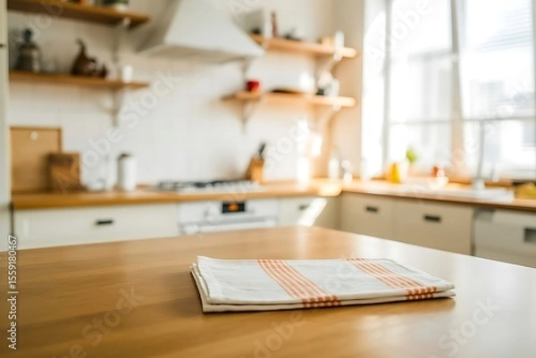 Fototapeta A clean kitchen with a wooden table and a folded striped cloth in the foreground bathed in natural light
