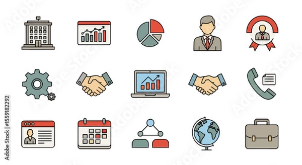 Obraz Business and Management Icon Set Building Charts Handshakes and More.