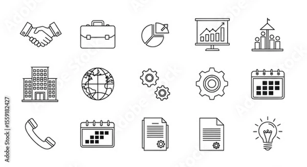 Obraz Business and Management Outline Icons Handshake Briefcase Chart and More.