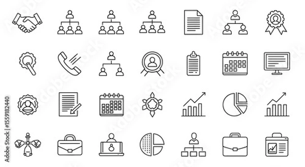 Obraz Business and Management Outline Icons Handshake Charts and Organization.
