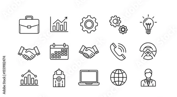 Obraz Business and Technology Icon Set Briefcase Chart Gears Handshake and Globe.
