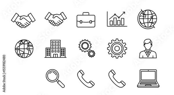 Obraz Business and Technology Icons Handshakes Briefcase Graph Globe Gears and More.