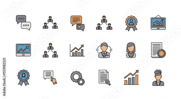 Obraz Business icons set with charts people gears documents and communication bubbles.