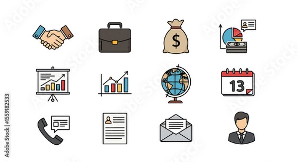 Obraz Business Icons Handshake Briefcase Money Bag Charts Globe Calendar Phone Resume Email and Businessman.