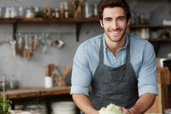 Obraz warm portrait of chef smiling positioned on left side of frame with clean background