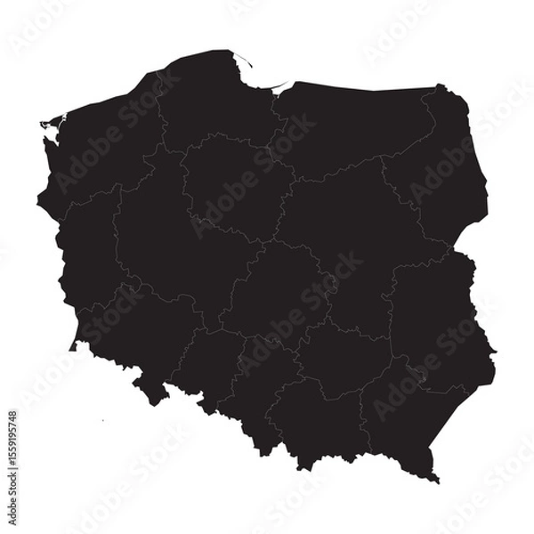 Obraz Political and geographical map of Poland with voivodeships, borders, cities, rivers, and terrain details

