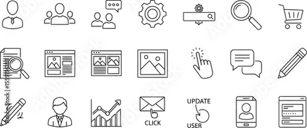 Obraz Collection of outline style business and web icons featuring user search and communication elements.