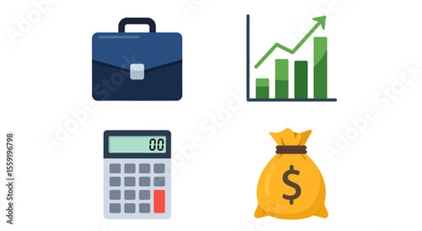 Obraz Business and Finance Icons Briefcase Chart Calculator and Money Bag.