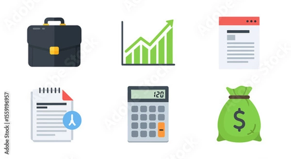 Obraz Business and Finance Icons Briefcase Chart Document Calculator Money Bag.