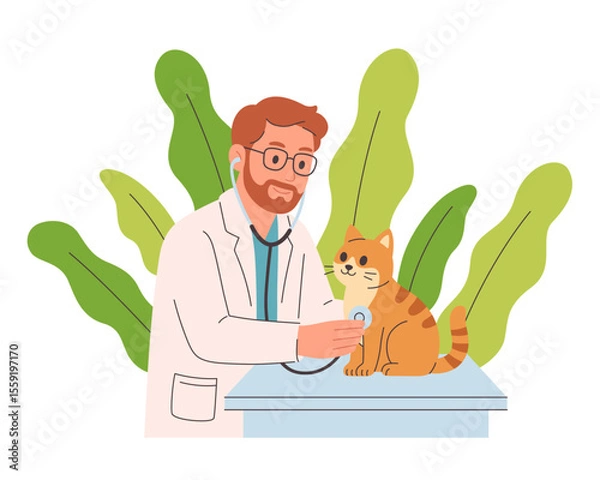 Obraz Veterinary doctor examining and cure cat in veterinarian office. Pet in a veterinary clinic. Veterinarian day. Vector illustration in flat style