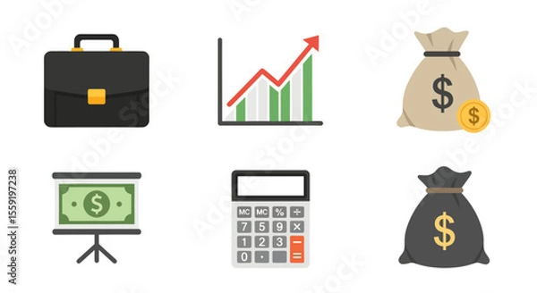 Obraz Business and Finance Icons Briefcase Graph Money Bags Presentation Calculator.