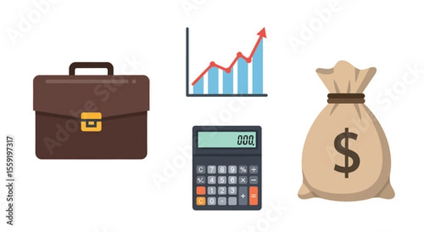 Obraz Business Finance Icons Brown Briefcase Upward Graph Calculator and Money Bag.