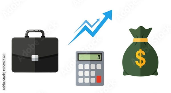 Obraz Business growth illustration with briefcase calculator arrow graph and money bag.